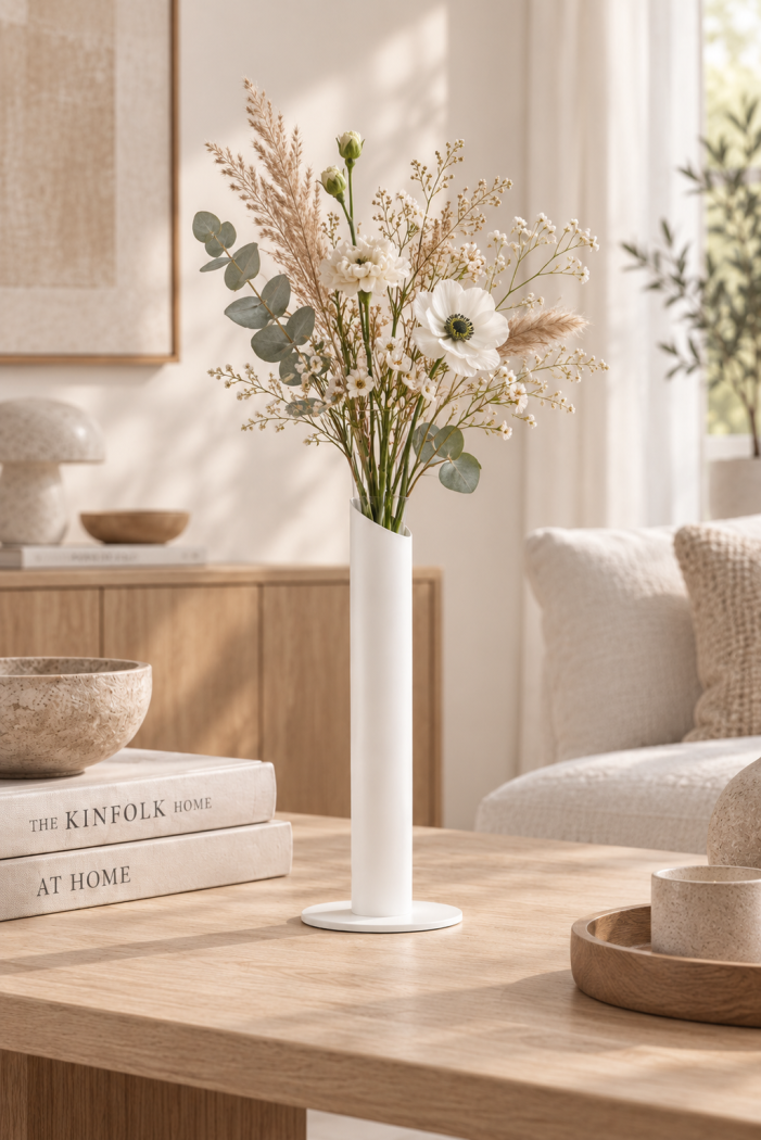 Metallvase-Silva-rund-Dm.-90-mm---Stahlvase-mit-Reagenzglas-32-mm