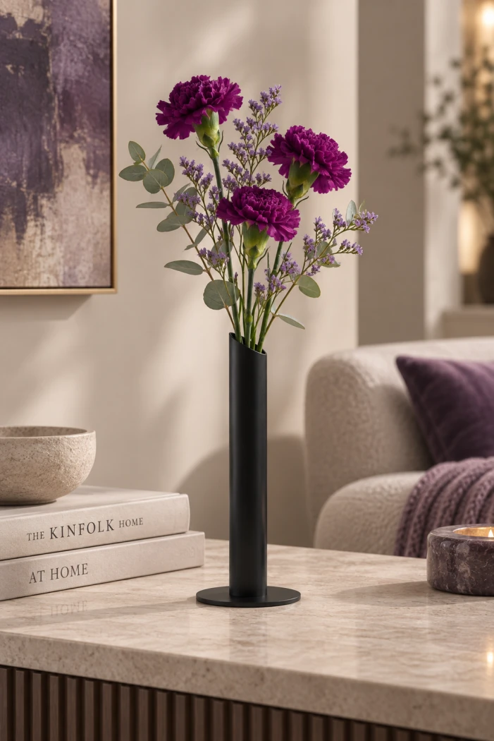 Metallvase-Silva-rund-Dm.-90-mm---Stahlvase-mit-Reagenzglas-32-mm