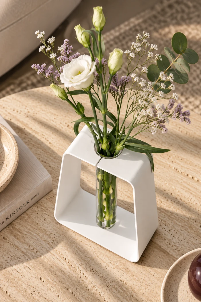 Metallvase-Fiole-trapezfoermig---Stahlvase-mit-Reagenzglas,-SchwarzWeiss